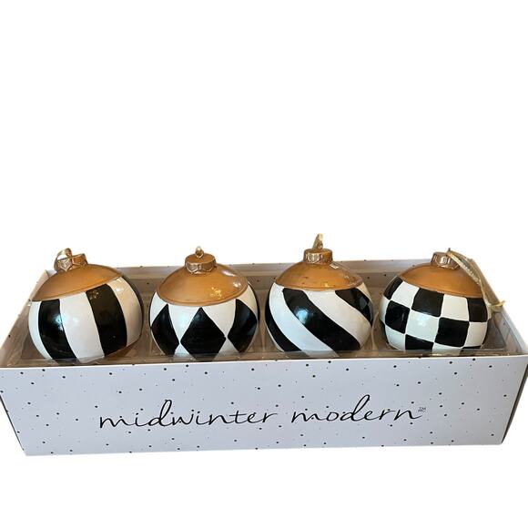 4pc Midwinter Modern Black White Gold Christmas Ornaments 4.5" Holiday New